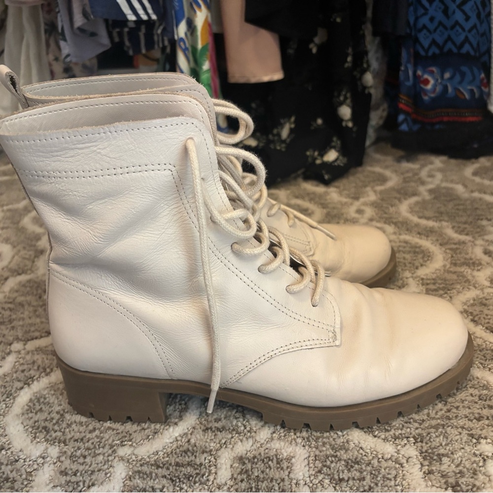 Cream Combat Moto Boots with Lace-Up Design